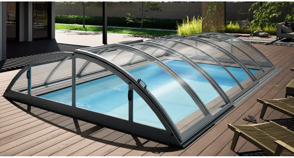 Modern Pooltak Klasik 3×4 med valvande glastak och svart metallram